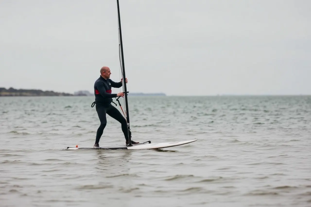 A windsurfing lesson on flat estuary water